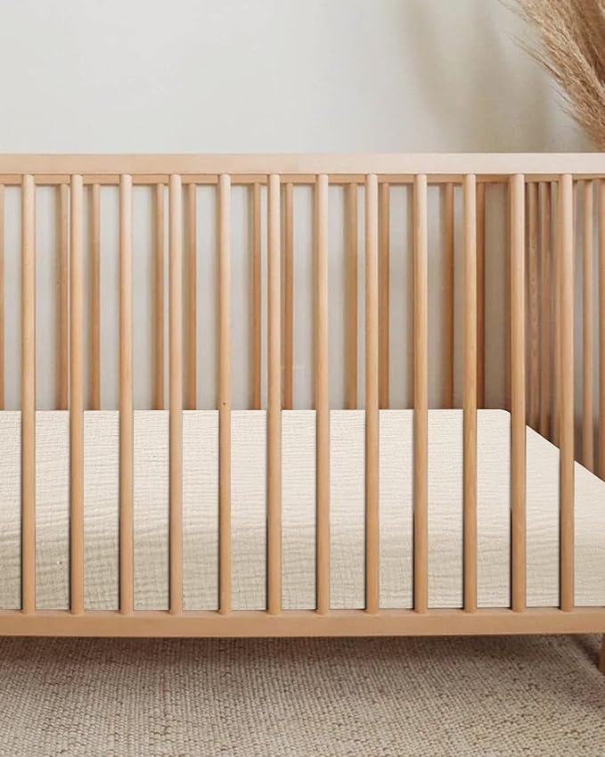 Mini Crib Sheets for Baby, Fitted Pack N Play Mattress and Mini Cribs 24" x 38", Neutral Muslin Cotton Mini Crib Mattress Sheet with Boho Style, Soft and Breathable Comfort (Cream)
