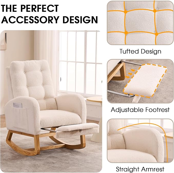 NIOIIKIT Nursery Rocking Chair, Linen Upholstered Glider Chair with Footrest, Tufted Rocker Recliner with Side Pocket, Comfy Recliner Glider, Accent Chair for Living Room (Beige Teddy)