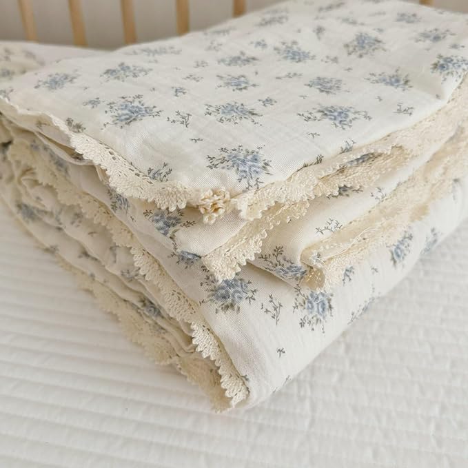 BuLuTu Blue Flower Freesia Toddler Girls Boys Quilts 100% Cotton Muslin Toddler Bed Blankets Soft Lightweight Children Comforter for Standard Crib Cot, 47x59 Inches