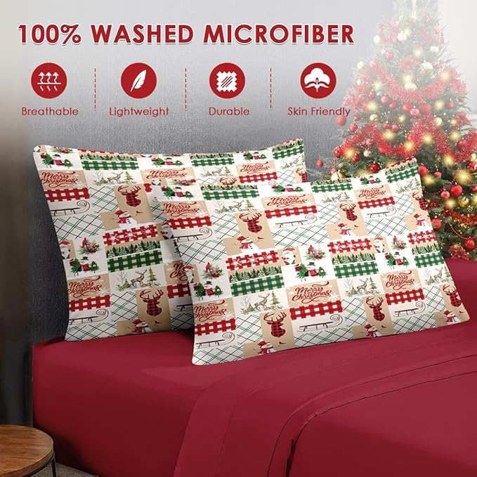 7 Pcs Full Size Christmas Comforter Set with 2 Pillowcases & 2 Shams, Winter Xmas Plaid Bedding for Kids and Adults, Cute Snowman Reindeer Bed in a Bag with Flat Fitted Sheet