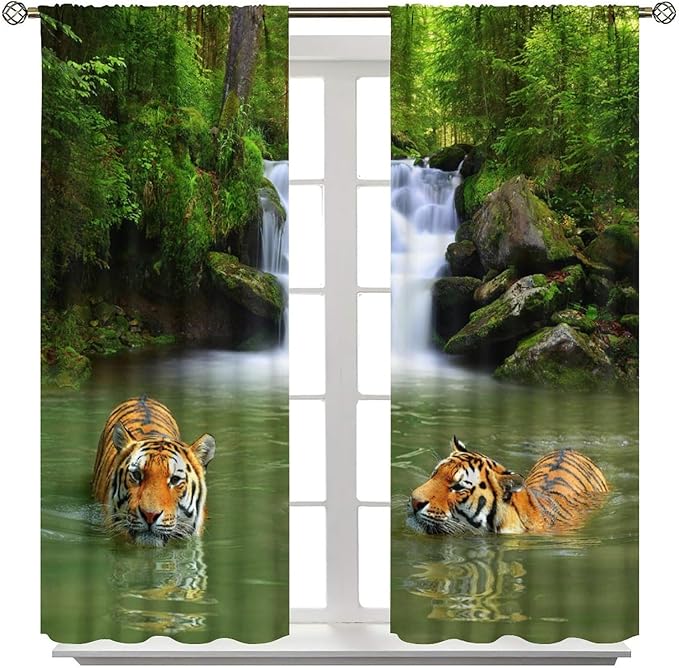 Forest Waterfall Landscape Blackout Window Curtains, Animals Tigers Waterfall Woodland Natural Window Drapes, for Living Room Bedroom 42" W X 54" L