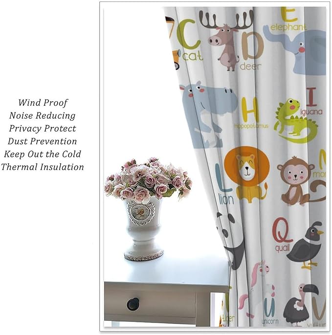 Kids Alphabet Curtains Funny Cartoon Educational Learning Cute Animal Zebra Curtain with Rod Pocket for Bedroom Living Room Decor Drapes Window Treatments 2 Panels Set 42" W X 45" L