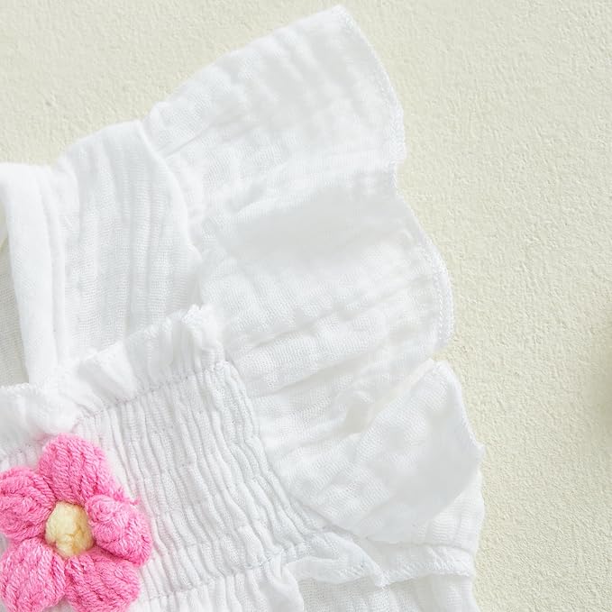 Gaono Newborn Baby Girl Smocked Bubble Romper Cute Boho Summer Clothes Ruffle Sleeveless Crochet Flower Vintage Bodysuit