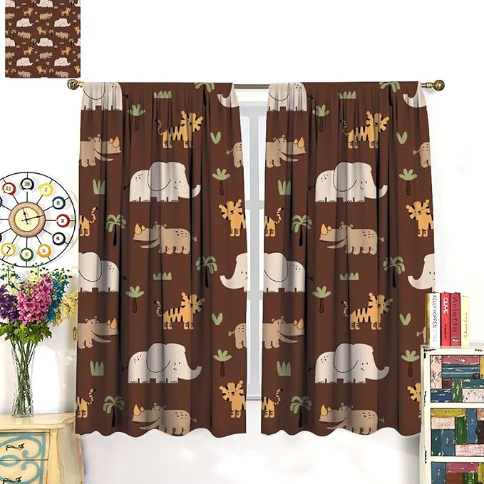 Jungle Safari Animals Blackout Curtains Cartoon Tropical Forest Animals Elephant Tiger Brown Art Print for Kids Boys Bedroom Nursery Rod Pocket Decoration Window Drapes 2 Panels W21xL54in
