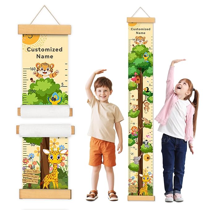 Personalized Name Growth Chart Wall Decor for Kids – Canvas Removable Height Chart Measuring Ruler 59" x 7.9" (Paint Big Trees and Animals)