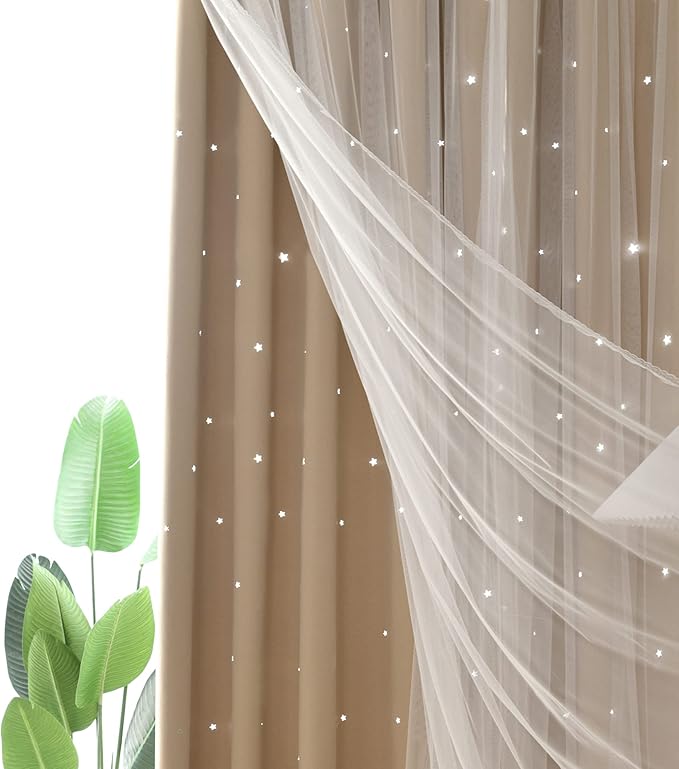 Kinryb Kids Blackout Curtains for Bedroom/Living Room/Classroom, Sheer Overlay 2 Panel Set, Double Layer Curtains with Star Cutout for Kids Room(Each Piece W 70 x L 84 Inches 2 Pcs Beige)