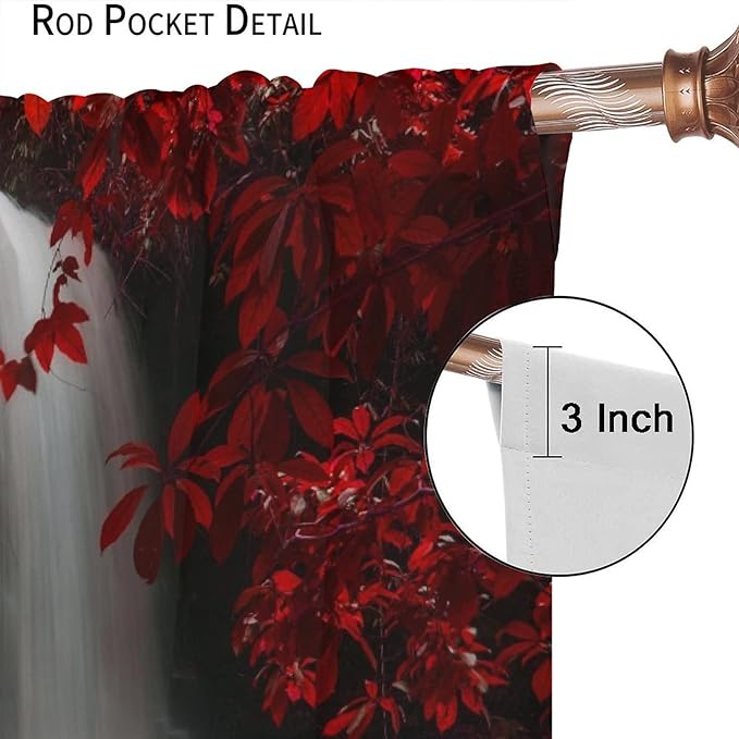 Red Forest Waterfall Blackout Windows Curtains, Waterfall Red Forest Black and Red Natural Landscape Print Window, for Living Room Bedroom 72x63in 2 Panels