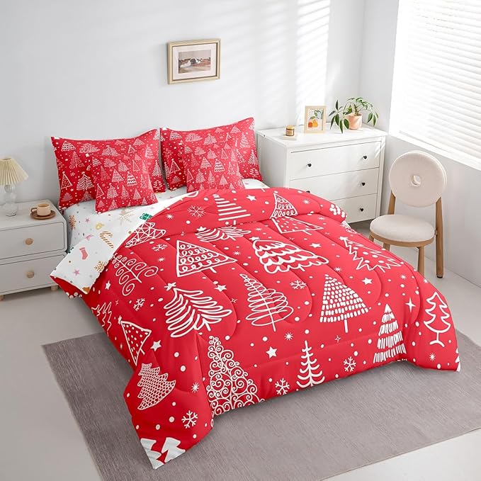 Feelyou Merry Christmas Bed Set Xmas Tree Cute Comforter Set with Sheets Red Chic Bed in a Bag Kawaii Stars Cartoon Bedding Set Bedroom Collection Twin Size