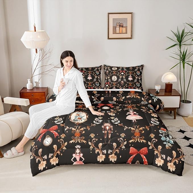 Feelyou Christmas Kids Comforter Set Queen Size Nutcracker Bedding Set Soldier Royal Guarder Princess Duvet Quilt for Kids Boys Girls Bedroom Flower Bow Decor Microfiber Ultra Soft Breathable