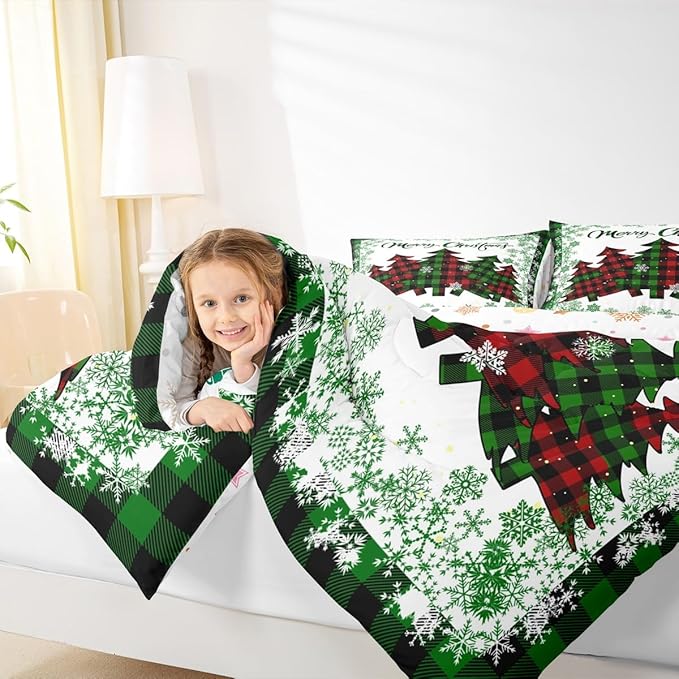 Castle Fairy Christmas Comforter Set King Size,Pine Trees Green Snowflake Glitter Shiny Bedding Set All Season Quilt Set,Winter Festival Plaid Checkered Microfiber Polyester Down Comforter