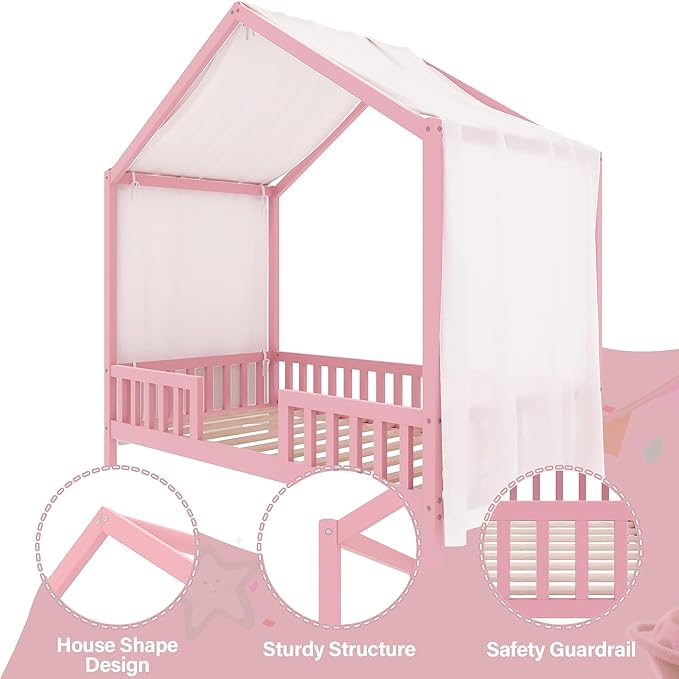 Bellemave Twin House BedFrame with Canopy, Montessori Floor Bed, House Bed with Rails for Kids, Pink