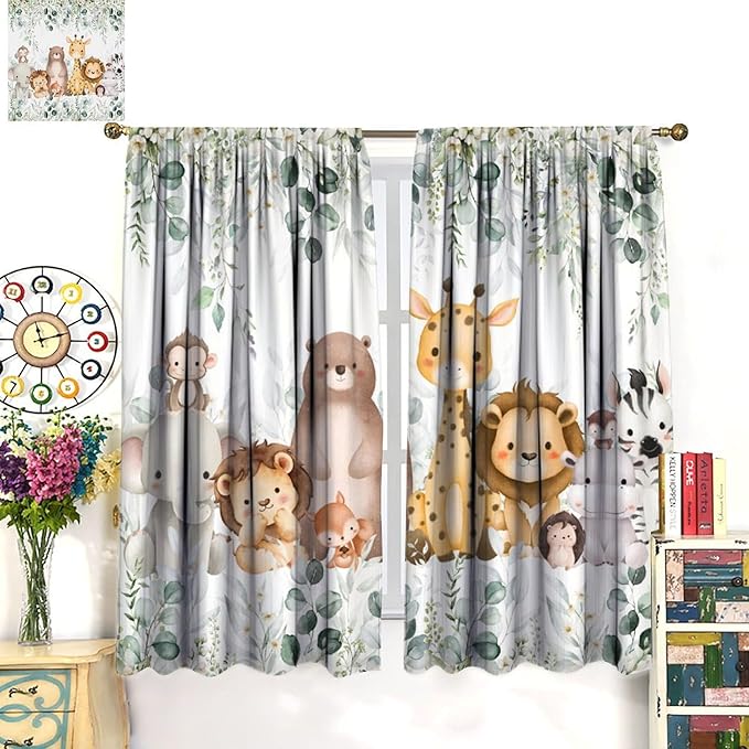 Kids Safari Animal Curtains Woodland Wildlife Jungle Animals Blackout Window Treatments for Boys Girls Bedroom Cute Cartoon Lion Nursery Children Drapes for Living Room W63xL63