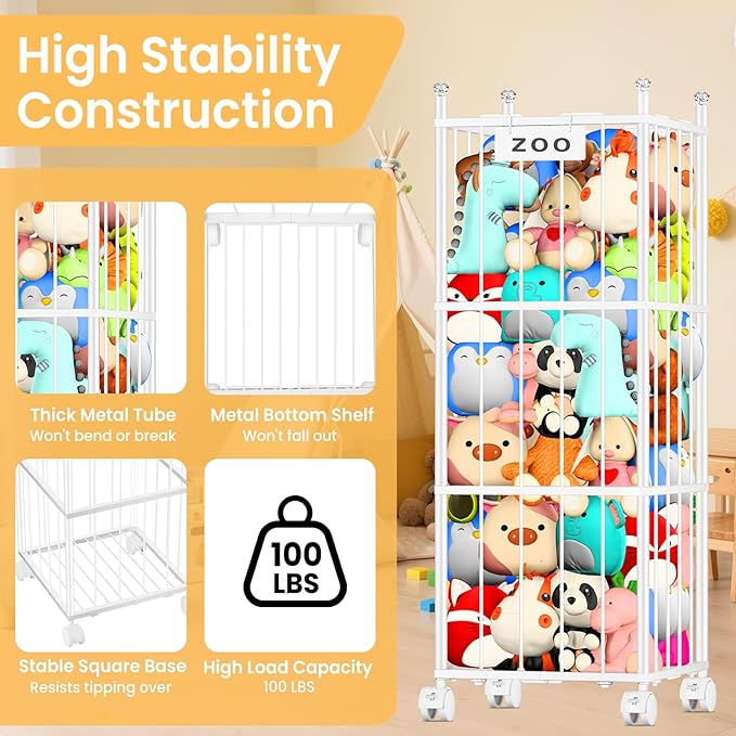TomCare Extra Large Stuffed Animal Storage Metal Storage Organizer with 4 Lockable Wheels Space Saving Stuffed Animals Holder for Playroom Bedroom