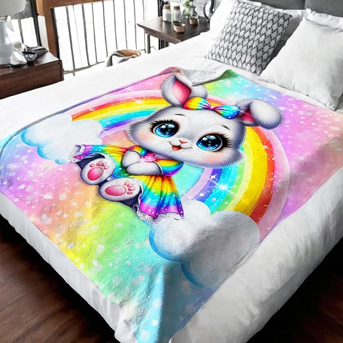 Girls Rabbit Blanket Gift, Throw for Toddler Kids Bunny Lovers - 40x50 Inches Soft Cozy Cute Rainbow Throw Blankets for Sofa Couch Living Room Bed