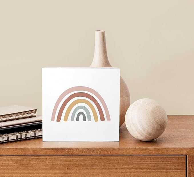 Boho Rainbow Desk Decor, Bohemian Rainbow Wood Box Sign Wood Block Plaque Decor for Home Girls Kids Room Bathroom Nursery Classroom Wall Desk Shelf Decoration