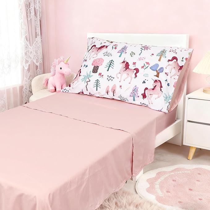 Toddler Bedding Set for Girls, Kids Comforter Set Pink Reversible, Ultra Soft & Lightweight Crid Bedding Set Includes Comforter, Flat Sheet, Fitted Sheet, Pillowcase (Forest)