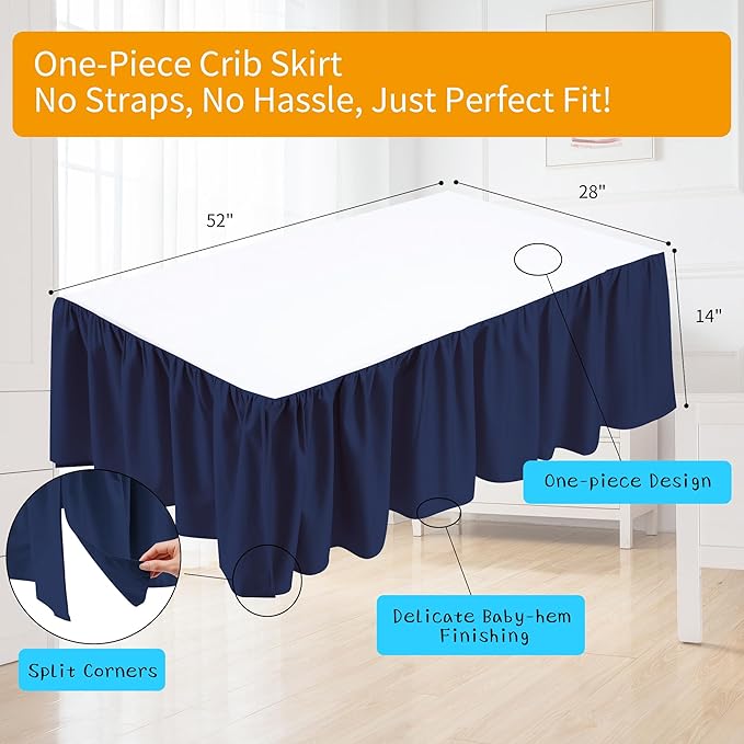 Crib Bed Skirt Dust Ruffle 100% Cotton - Natural, Soft, Breathable for Baby's Delicate Skin, Nursery Toddler Crib Bed Skirt for Baby Boys Girls, Fits Standard Cribs 28" x 52" with 14" Drop