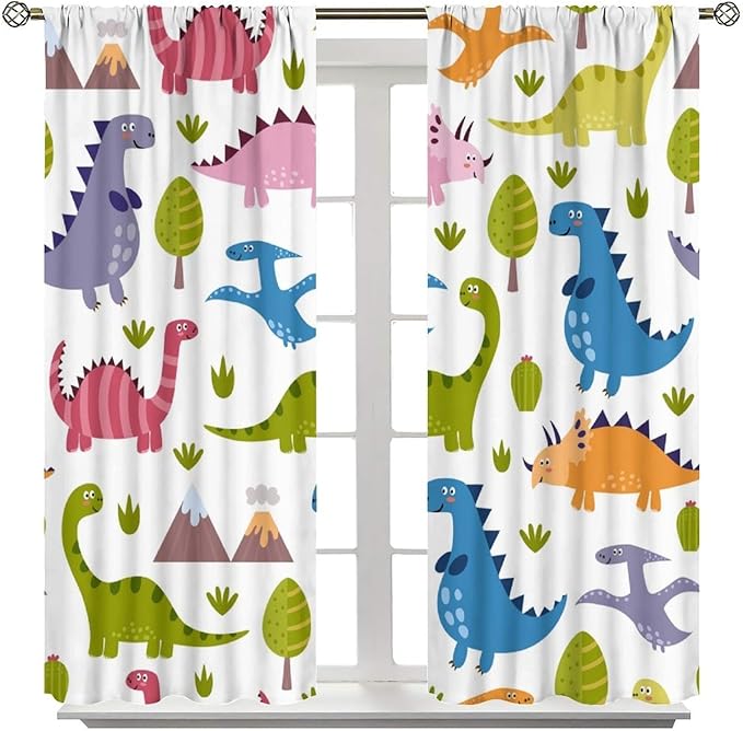 Dino Curtains, Cartoon Style Colorful Dinosaurs Pattern Blackout Window Treatments, Rod Pocket Thermal Insulated Drapes 2 Panel Sets for Kids Bedroom Nursery Classroom, 42" W X 63" L