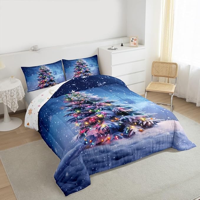 Feelyou Christmas Comforter Set All Season Xmas Tree Bedding Set with 2 Pillow Cases Colored Light Strips Microfiber Kids Queen Bedclothes Snowflake Bedroom Decor Duvet Quilt Breathable Soft