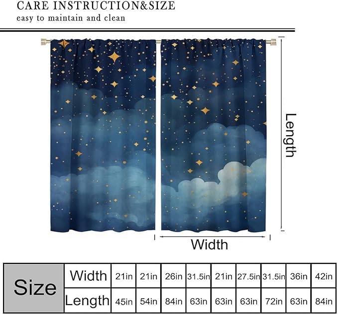 Night Sky Stars Curtain for Kids, Blue Starry Space Galaxy Pattern Window Treatments for Boys Girls Bedroom Toddlers Room Living Room 42" W X 54" L