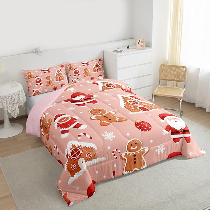Feelyou Christmas Kids Comforter Set Full Size Santa Bedding Set Gingerbread Man Duvet Quilt for Kids Boys Girls Bedroom Snowflake Decor Microfiber Ultra Soft Breathable
