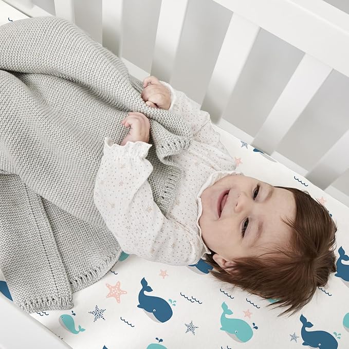 Little Grape Land Crib Sheets Baby Toddler Sheets 2 Pack Fitted for Boys Girls, Standard Size 28x52‘’ Crib Mattress, Super Soft Breathable Washable Microfiber (Whale/Little Bear)