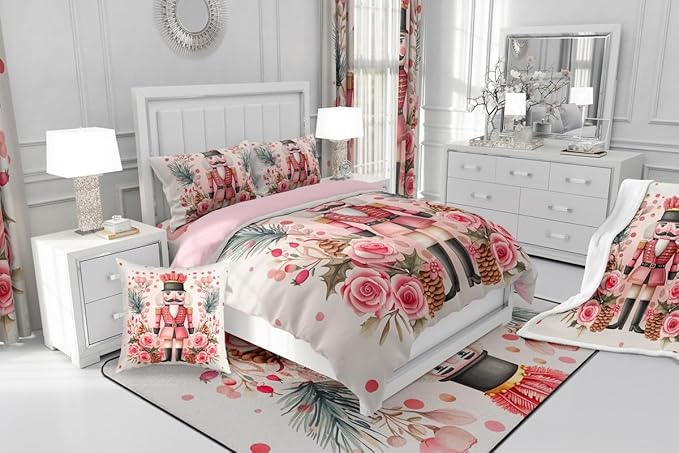 Feelyou Christmas Decor Nutcrackers Comforter Set All Season Pink Christmas Bedding Set with 2 Pillow Cases Funny Nutcracker Kids Full Bedclothes Rose Decor Berries Duvet Quilt Soft Lightweight