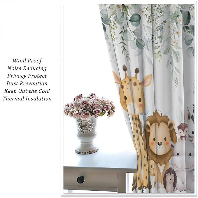 Kids Safari Animal Curtains Woodland Wildlife Jungle Animals Blackout Window Treatments for Boys Girls Bedroom Cute Cartoon Lion Nursery Children Drapes for Living Room W63xL72