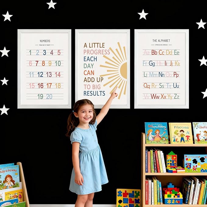 3 PCS Alphabet Numbers Framed Playroom Wall Decor,Classroom Must Haves,A Little Progress Each Day Boho Educational ABC Poster Wooden Sign for Baby Girl Kid Boy Toddlers,Neutral Preschool English Letters Nursery Decor for Homeschool Kindergarten Kids Le...