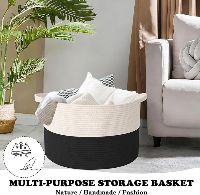 Large Blanket Basket for Organizing,115L Closet Organizers and Storage Bins Box for Shelves Woven Rope Storage Baskets,Living Room,Bedroom,Dorm,Laundry room (White&Black)