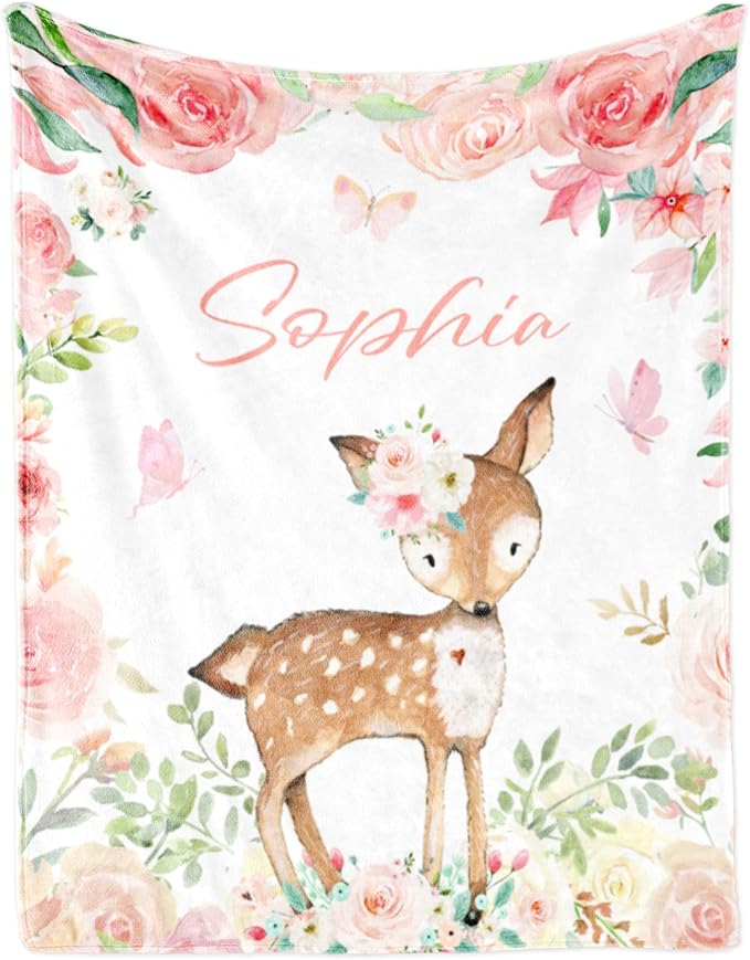 Personalized Deer Blanket with Name for Girl, Custom Name Blanket for Teen, Soft Flannel Deer Blankets Customized Gift for Birthday 50"x60"