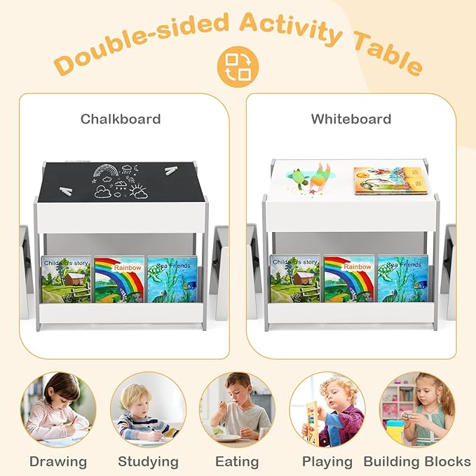 HONEY JOY Kids Table and Chairs, 4-in-1 Children Wooden Activity Set w/Double Bookshelves, Storage, Detachable Tabletop, for Art, Craft, Drawing, Reading, Gift for Toddlers 3-6 Years Old (Gray)