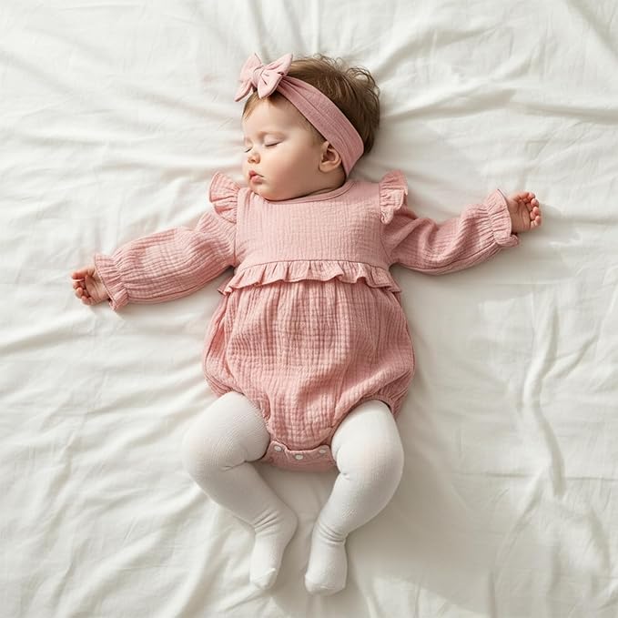 Newborn Infant Baby Girl Clothes Cotton Linen Long Sleeve Smocked Bubble Romper Ruffle Bodysuit Jumpsuit Fall Outfit