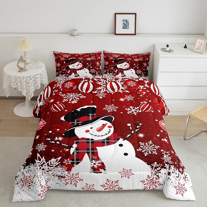 Manfei Snowman Comforter Set Full Size, Snowflake Balloon Xmas Decor Down Comforter with 2 Pillowcases, Christmas Red Bedding Set 3pcs for Kids Boy Girls Bedroom Decor Lightweight Duvet Insert