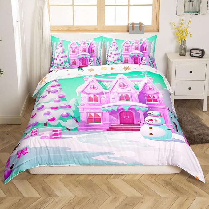 Feelyou Merry Christmas Comforter Cover Set Christmas Tree Snowman Duvet Cover Set for Kids Boys Girls Bedroom Bed Decor Xmas Christmas Purple Bedding Set Twin Size Soft Quilt Cover,No Comforter