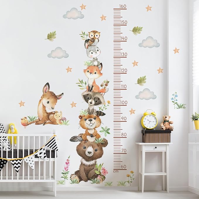 Cartoon Animal Height Growth Chart Wall Sticker for Kids Room Jungle Wild Animals Height Chart Measurement Wall Decals Removable White Clouds Star Garden Plants Grass Wall Murals for Kids Nursey Decor
