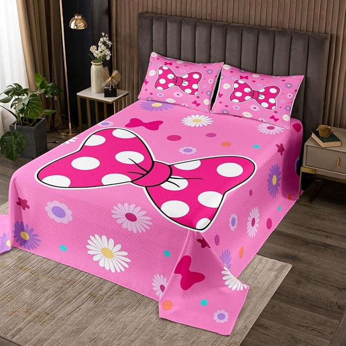 Manfei Pink Bowknot Kids Bedspread Queen Size,Daisy Flowers Geometric Dot Patchwork Coverlet Set,Girls Women Room Decor,Bow Tie Cute Princess Quilted Coverlet,Dreamy Chic Bedding Quilt,2 Pillowcases