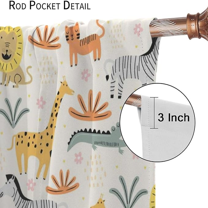 Wild Animals Curtains, Cute Cartoon Animals Zoo with Lion Zebra Crocodile Cat and Giraffe Tropical Jungle Plant Print Window Treatments for Kids Boys Girls Bedroom Living Room 42x45 Inch