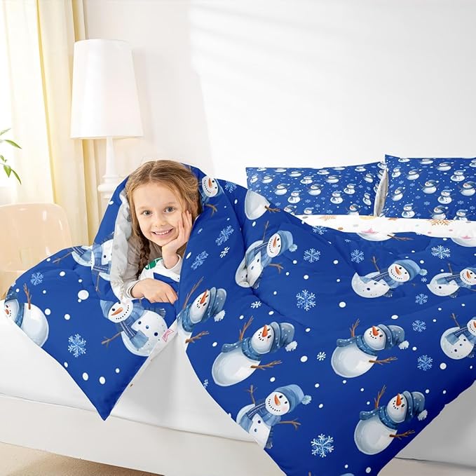 jejeloiu Kids Cute Winter Snowman Comforter Set Toddler Blue Christmas Theme Bedding Set for Boys Girls Teens Xmas Snowflake Happy New Year Duvet Quilt Room Decor