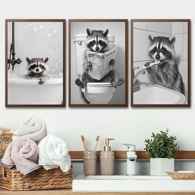 Funny Raccoon Bathroom Canvas Wall Art Black and White Cute Raccoon Sitting on Toilet Poster Print Artwork Humor Adorable Animals Pictures Wall Decor for Washroom Restroom laundry 12x16in Unframed