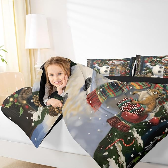 Feelyou Christmas Kids Comforter Set Twin Size Snowman Squirrel Bedding Set Snowflake Gift Duvet Quilt for Kids Boys Girls Bedroom Branch Berry Decor Microfiber Ultra Soft Breathable