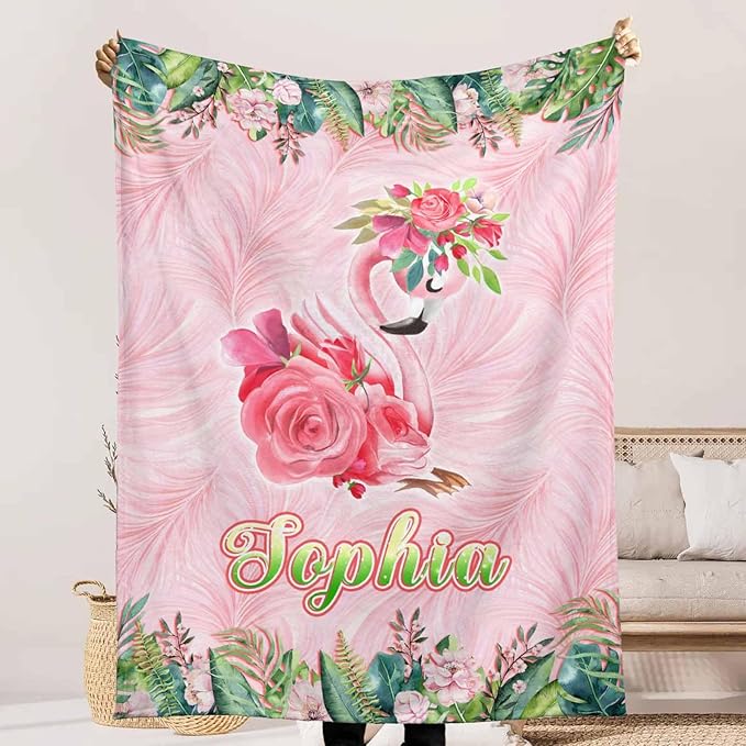 Personalized Baby Blanket for Girls Boys on Christmas Birthday, Ship Next Day, Pink Flamingo Blankets- Printed in USA, Custom Toddlers Blanket with Name for Baby Shower Kids Teens Toddlers Newborn