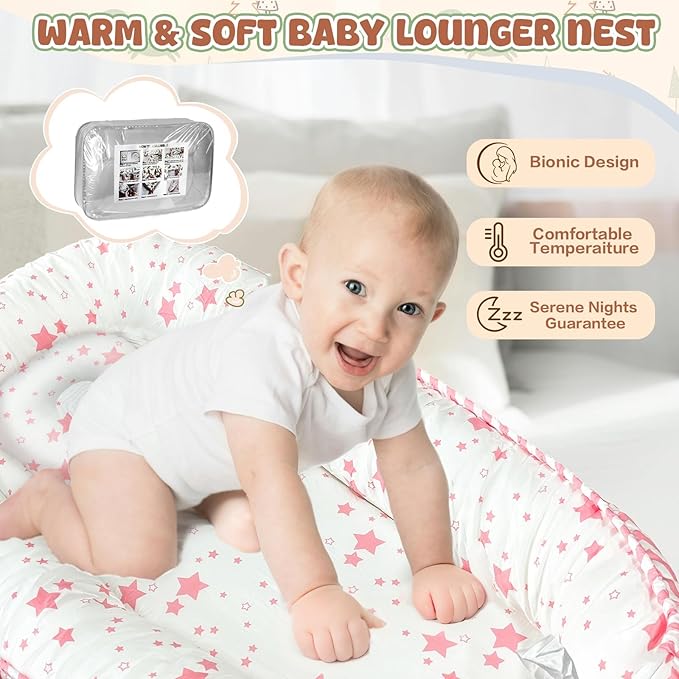 JIFTOK Baby Nests Lounger for Newborn, Snuggle Bassinet for 0-24M, Breathable Portable Co Bed, Baby Essentials Adjustable Infant Soft Cotton Loungers for Home & Travel -Pink Star