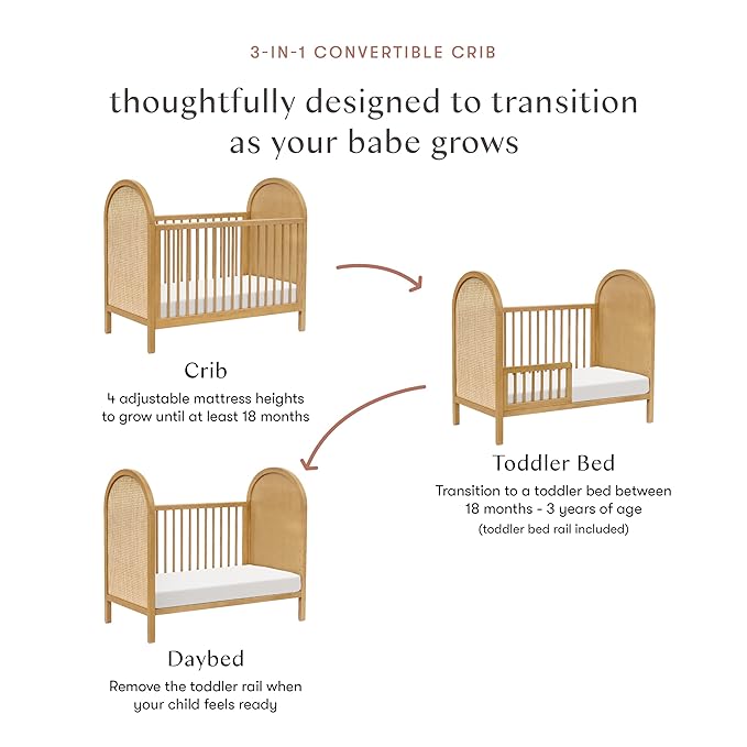 babyletto Bondi Cane 3-in-1 Convertible Baby Crib - GREENGUARD Gold Certified Convertible Crib to Toddler Bed & Daybed - Wooden Baby Bed with 4 Adjustable Heights - Made of 100% Solid Wood - Honey