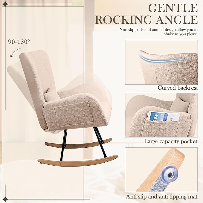 Waleaf Teddy Upholstered Rocking Chair Indoor with High Backrest Glider, Padded Seat Nursing Chair Comfy for Bedroom (Beige)