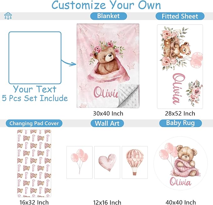 Personalized Crib Bedding Set for Girls, Custom Name Nursery Bedding Sets 5 Pcs, Pink Bear Baby Crib Set for Newborn Infant Toddler, Soft Flannel Double Layer Baby Blanket, New Parents Gifts