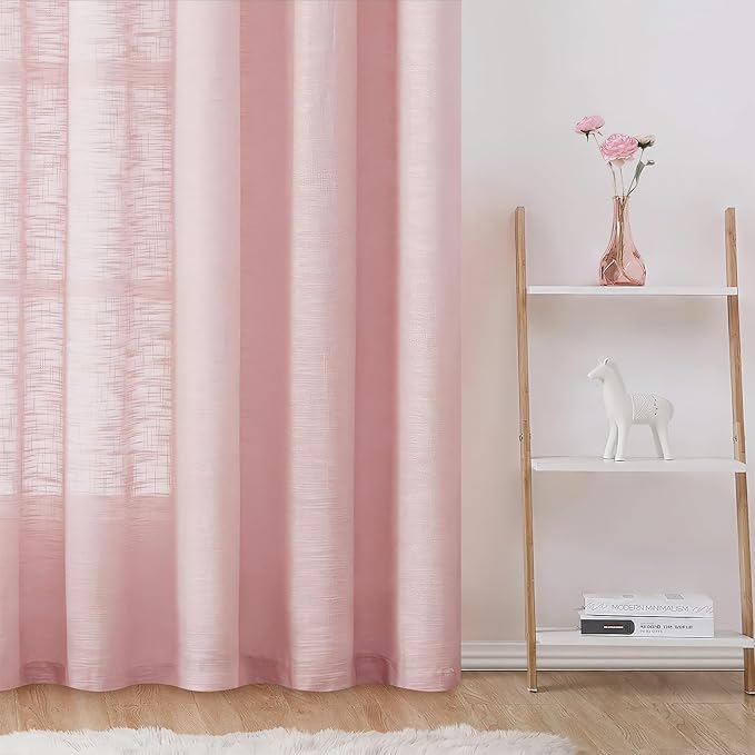 FMFUNCTEX Linen Semi Sheer Curtains for Bedroom, Blush Pink Curtains 63 Inch Length for Living Room, Country Farmhouse Sheer Drapes, Light Filtering Window Curtain, Grommet Top 2 Panels