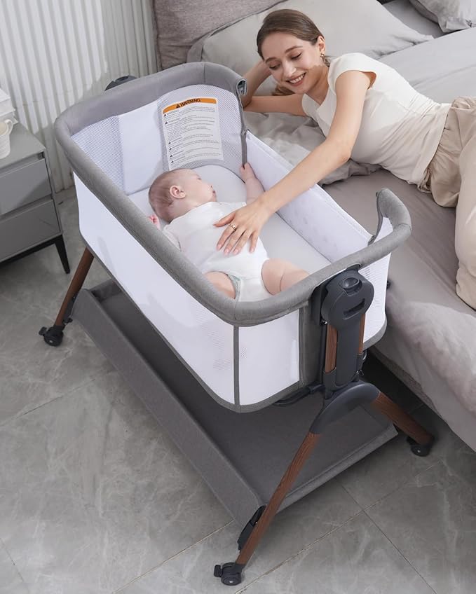 Baby Bassinet - Bassinet Bedside Sleeper,3-in-1 Bedside Bassinets for Baby,Rocking Bassinet with Mattress,Wheels,All Mesh Sides& Storage,6 Height Adjustable Crib,ASTM Certified(Mesh Grey)