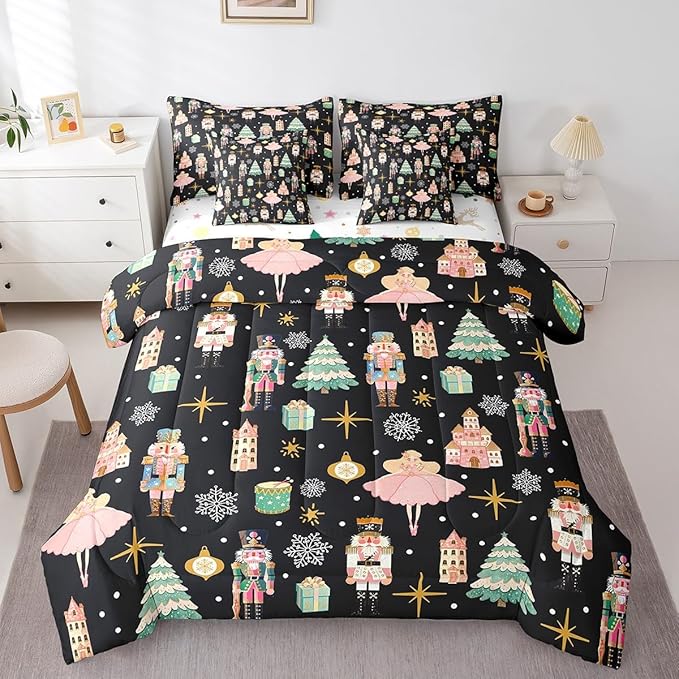 Erosebridal 7Pcs Black Christmas Comforter Set Full Size,Nutcracker Bedding Set,Xmas Snowflake Stars Bed in A Bag,Romantic Princess Castle Quilt with Flat Fitted Sheet
