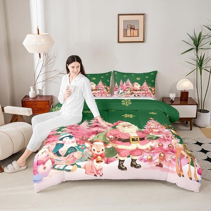 jejeloiu Merry Christmas Comforter Set Twin Size Santa Claus Bedding Set for Kids Boys Girls Cute Deer Duvet Quilt Green Bedroom Decor